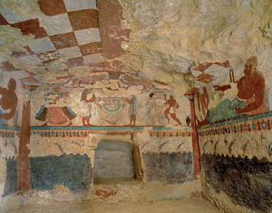 Back wall of the Tomb of the Lionesses, Tarquinia, Italy