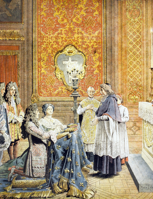 Secret Wedding between King  Louis XIV and Francoise d'Aubigne, Mme de Maintenon, October 9-10, 1683, by archbishop of Paris Francois Harlay de Champvallon and Pere Lachaise, in presence of Monseigneur de Louvois 
