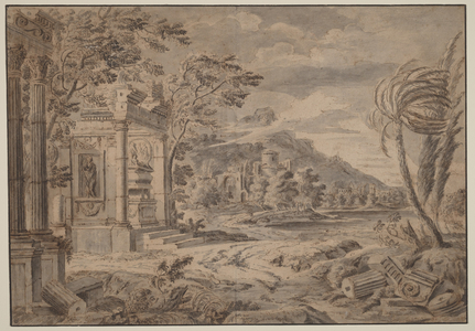 Antique Ruins along a Mountain Coast, 1670s (pen and ink drawing)