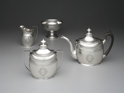 Teapot, creamer, waste bowl and sugar bowl, c.1795 (silver and hardwood)