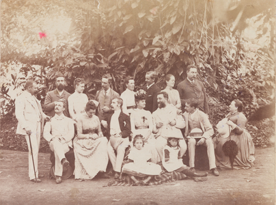 Group portrait taken in the Botanical Gardens, Calcutta, 1889 (b/w photo)
