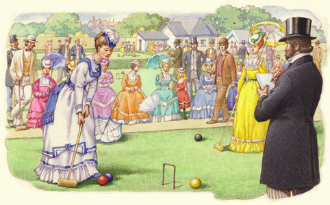 A game of croquet at the All-England Club at Wimbledon (gouache on paper)