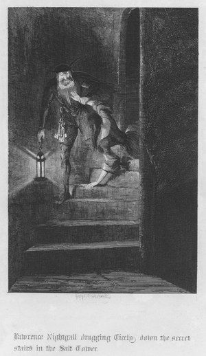 Lawrence Nightgall dragging Cicely down the secret stairs in the Salt Tower (engraving)