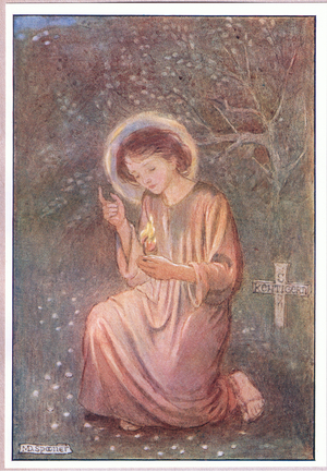He knelt down on the dewy grass (colour litho)