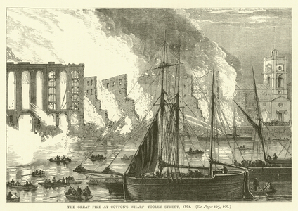 The Great Fire at Cotton's Wharf, Tolley Street, 1861 (engraving)