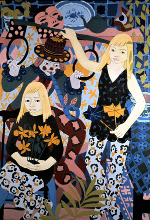 Two Girls and a Painted Clown, 1967 (oil on board)