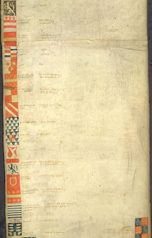 A column of heraldic shields bearing coats of arms.