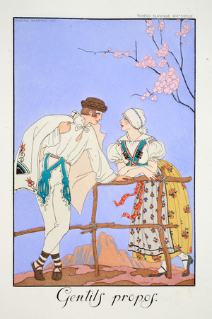 Gentils Propos, from 'Falbalas & Fanfreluches, Almanach des Modes Présentes, Passées et Futures', 1922 (colour litho)