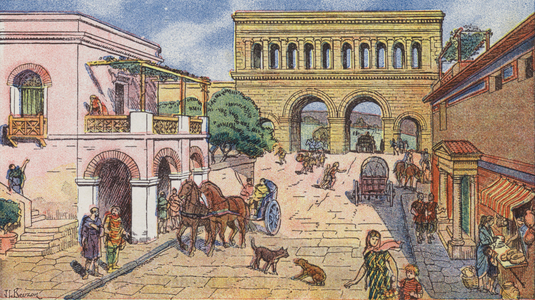 The Gauls abandoned their hilltop town of Bibracte and moved to the new town of Autun built by the Romans (colour litho)