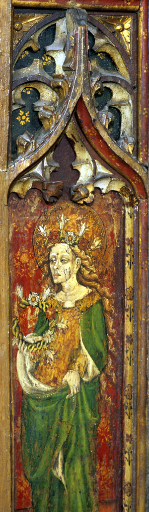St Cecilia, detail of the rood screen, St Mary's Church, North Elmham, Norfolk, UK (tempera on wood)
