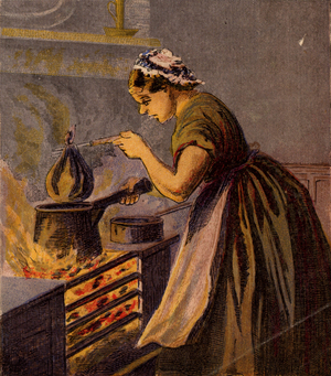 Cook putting a suet pudding wrapped in a cloth