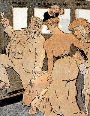 French illustration of a man boarding a train carriage as his family look on 1900 (engraving)