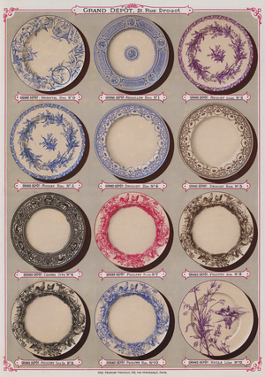 Page from the catalogue of the Grand Depot de Porcelaines, Faiences et Verreries (colour litho)