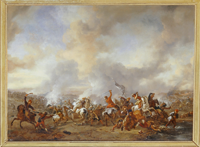 Grand combat de cavaliers et de fantassins ...