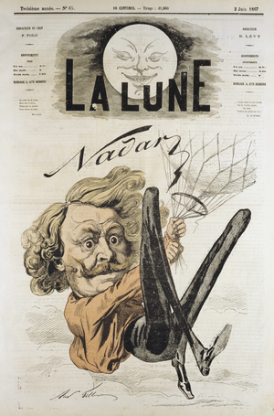 Cartoon of Felix Nadar, pioneer of aerial picture in 1858, here hanging from his balloon, 1867 (engraving)