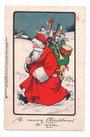 Edwardian Christmas postcard of Father Christmas with a sack of toys over his shoulder walking through the snow, c.1910 (colour litho)