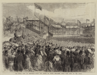 The Royal Visit to Sheffield, HRH the Prince of Wales declaring Firth Park Open to the Public (engraving)