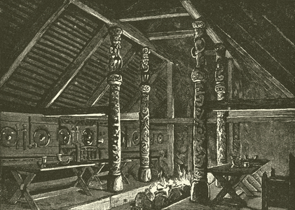 Reconstruction of a Viking hall (engraving)