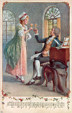 Mozart working on his opera 'The Magic Flute' at the theatre in the Wieden district of Vienna (colour litho)