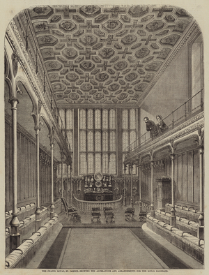 The Chapel Royal, St James's, showing the Alterations and Arrangements for the Royal Marriage (engraving)