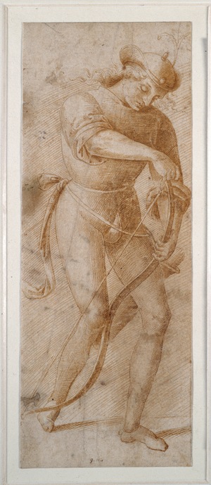 A young man stringing his bow (pen & brown ink on white paper)