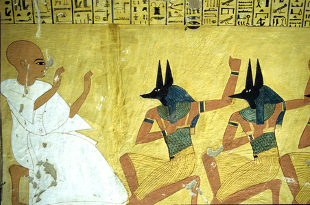 Tomb of Inherkhau, TT359 in Deir el Medina, Thebes, Inherkhau, 'Foreman of the Lord of the Two Lands in the Place of Truth', Ramesside period, 20th Dynasty, Inherkahu as a priest worshipping jackal Gods of the underworld (photo)