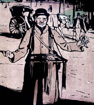 lace street vendor in London c. 1910, engraving