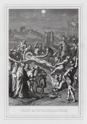 Jesus being tided to the Cross (engraving)