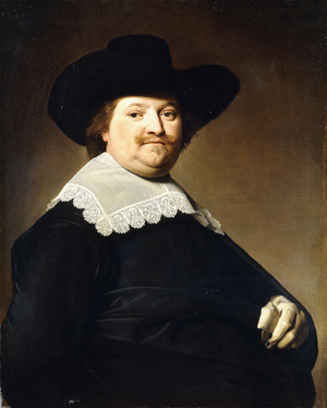 Portrait of a Gentleman, Half-length, Wearing a Black Costume with a White Lace Collar and a Black Hat,  (oil on canvas)