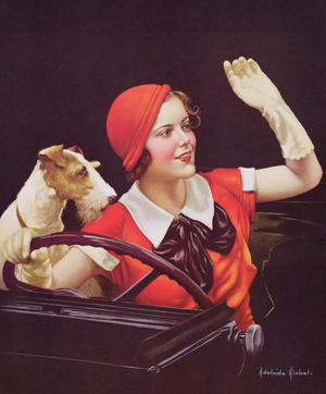 Girl Motorist with Wire Hair Terrier, c.1936 (colour litho)