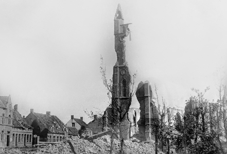 Ruin Nation, only a portion of a church stands (b/w photo)