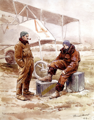 pilots and bomber plane "Voisin" in 1917, (painting)