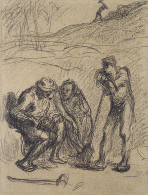 Three Peasants resting, one leaning on a Spade (black crayon on paper)