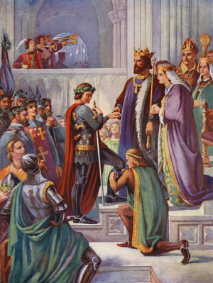 The Investiture of Edward the Black Prince as a Knight of the Garter, 1346 (colour litho)