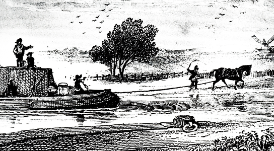 An engraving depicting a horse-drawn canal barge, 19th century