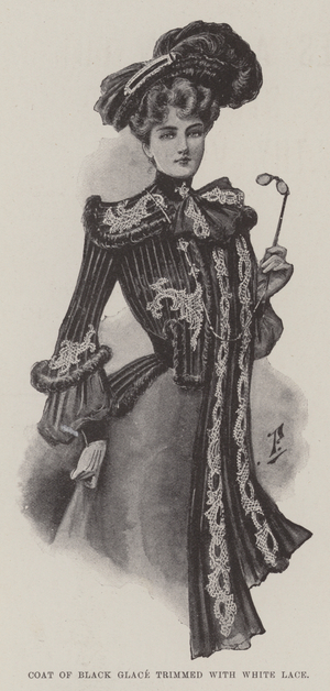 Coat of Black Glace trimmed with White Lace (litho)