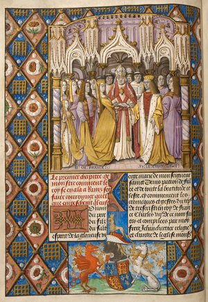 The marriage of King Henry V of England and Catherine of Valois ( in 1420. Border of lozenge-shaped compartments containing alternately a portcullis and a white rose with red centre. At the foot of the page are the arms of King Henry VII with crest of a crowned lion and a wyvern and greyhound as supporters.