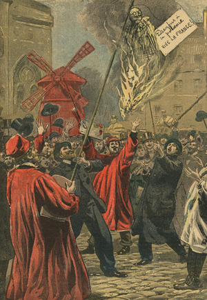 Antisemite agitation in Paris A Montmartre Mathieu Dreyfus is burning in effigy by young men Le Pelerin January 1898