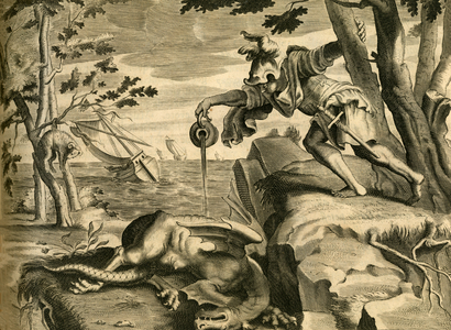 Jason taking the Golden Fleece after slaying the dragon that guarded it, 1702 (engraving)