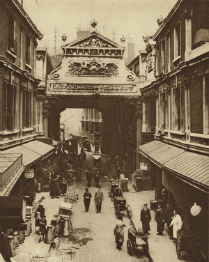 Gracechurch Street entrance to Leadenhall Market, city clearing house for poultry (b/w photo)