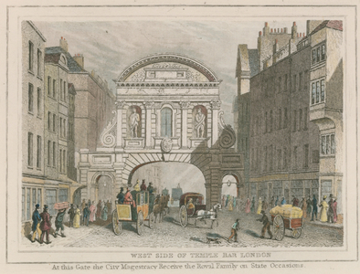 West side of Temple Bar (coloured engraving)