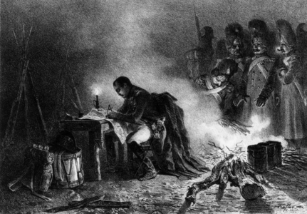 French emperor Napoleon 1st looking maps and elaborating strategy during Bautzen battle (Germany) in the night from may 20, 1813 to may 21, 1913, engraing by Gihaut after Baffec