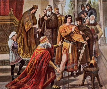 Frederick Barbarossa begs Henry the Lion for help, 1176 (enhanced colour litho)