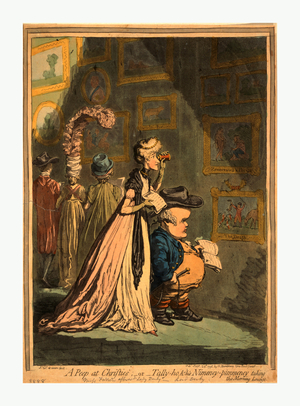 A Peep at Christies or Tally Ho, and  His Nimeney-Pimmeney Taking the Morning Lounge, Gillray, James, 1756-1815, Engraving 1796, Miss Farren and Lord Derby Walk Together Inspecting Pictures. She, Very Thin and Tall, Looks Over His Head Through a Glass at a Picture in the Second Row of Zenocrates Andphryne. He Looks at the Picture Immediately below, the Death, a Huntsman Holding Up a Fox to the Hounds. Lord Derby, Much Caricatured, Very Short and Obese, Wears Riding-Dress with Spurred Boots and Holds a Whip. Miss Farren Wears No Hat, a Dress Hanging from the Shoulders and Trailing Her, Short Sleeves and Gloves. Both Hold an Open Catalogue.
