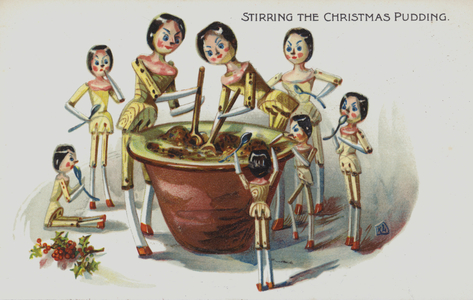 Christmas greetings card depicting dolls stirring the Christmas pudding (chromolitho)