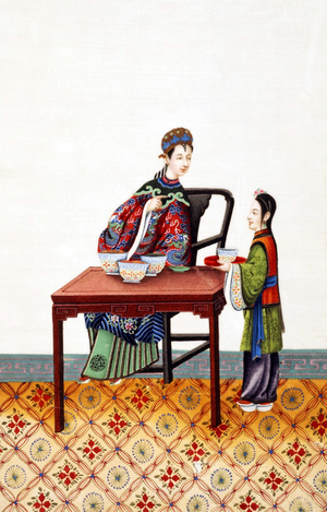 China: Hand-painted representation of mistress and servant in 19th century Qing Dynasty high society