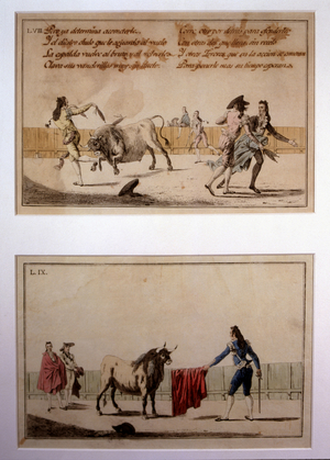 Bullfighting stage, 19th century (colored engraving)