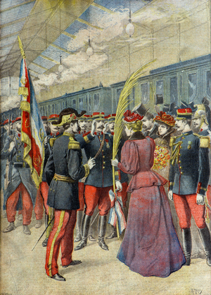Le colonel Bizot recoit les honneurs des dames de Perpignan, 1896 (Engraving)