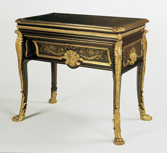 Side table, c.1765 (walnut, oak, ebony, beech, première-partie Boulle marquetry of brass and turtleshell, gilt bronze, portor marble, mahogany and padouk wood, steel key)