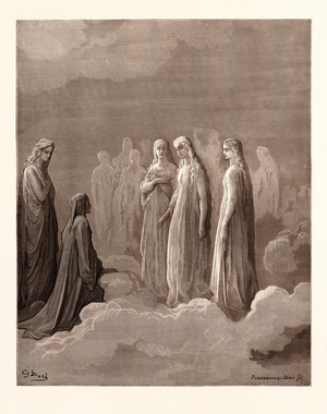 Dante and the Spirits of the Moon, by Gustave Doré, 1832 - 1883, French. Engraving for Paradiso by Dante. 1870, Art, Artist, Romanticism, Colour, Color Engraving